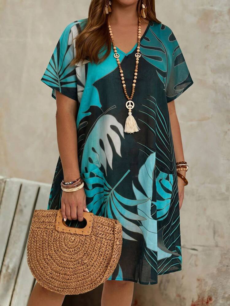 Plus Size Women's Double Pocket Fashionable V-Neck Loose Summer Printed Country Dress