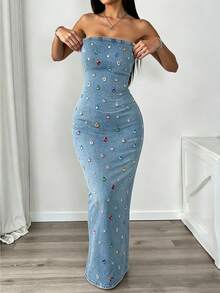 Resyla Vestido de verano ajustado sin tirantes decorado con pedrería - Multicolor - Ver 3