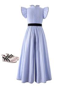 SHEIN Tween Girls Ruffle Collar Flutter Sleeve Detachable Belt Blue And White Striped Craft Jumpsuit Pleated Design Suitable For Daily Elegant Cute Casual - Blue - View 2
