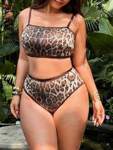 Swim Vcay 2026 Spring/Summer New Plus Size 2-Piece Leopard Print Bandeau Spaghetti Strap Asymmetric Digital Print Leopard Sequin Design Women's Bikini Set Set Sexy Suitable For Beach Vacation Wear - Multicolor - View 5