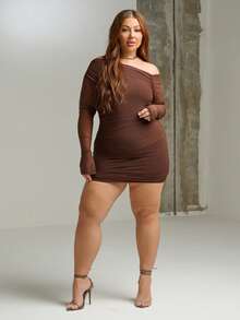 Lele Munniz Plus Size Women Sexy Asymmetrical Shoulder Long Sleeve Mesh Ruched Bodycon Dress Elegant - Coffee Brown - View 1