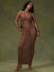 MUSERA Brown Crochet Open Knit Bodycon Beach Cover Up Maxi Dress - Chocolate Brown - View 5