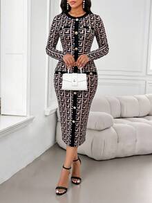 SHEIN Lady Đầm dài tay ôm dáng thanh lịch dành cho nữ, họa tiết hình học, thiết kế cài nút. - màu nâu - Xem 7