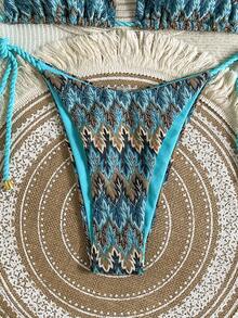 Swim Vcay Women's 2-Piece Summer Beach Bikini Swimsuit Set, Special Textured Braided Rope Halter Triangle Top, Bell-Bottom Pants With Side Tie Straps - Blue - View 4