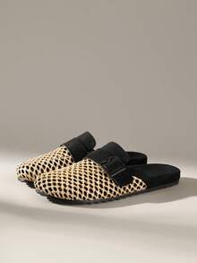 Solecia Women's Shoes Spring And Summer New Holiday Style Woven Mat Net, Buckle Decoration, Round Toe Design, Slip-On Heel, Comfortable And Simple Vacation, Women's Flat Shoes, Essential For Commuting, Casual Versatile, Dating Travel, Afternoon Tea - Black - View 2