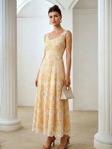 ZEYLAH Vestido con Bordado Hidrosoluble, Cuello en U, Cintura Ceñida y Bajo de Paraguas - Albaricoque - Ver 2