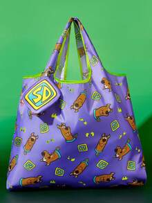 SCOOBY-DOO X SHEIN 1個經典棕色狗卡通主題可摺疊購物袋，輕量聚酯纖維可重複使用購物袋，附迷你收納袋與珠鏈掛繩，大容量休閒托特包適合日常旅行，復古卡通迷的完美禮物 - 紫色 - 查看 2