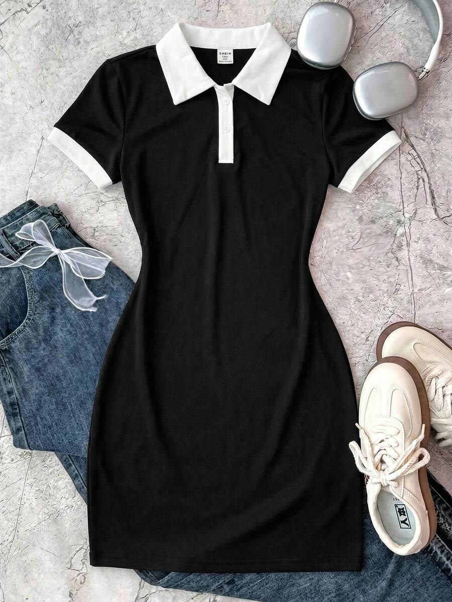 SHEIN 少女黑白休闲个性化撞色领罗纹针织纽扣修身连衣裙,夏季连衣裙,蝴蝶刺绣 - 黑與白 - 查看 1