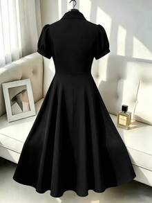 GlowEve CURVE Plus Size Women Bowknot Decor Button Half Placket Short Sleeve Dress - Black - View 2
