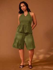 Veslaya Plus Size Solid Color Halter Neck Backless Top And Shorts Casual 2-Piece Set - Army Green - View 4