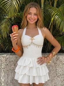 SHEIN Teen Girl Halter Starfish Shell Decor Ruffle V-Neck Floral Knit Textured Tiered Cake Dress For Summer,Beach,Holiday,White Cruise Island Vacation - White - View 1