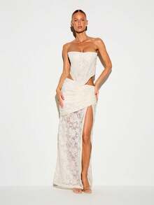 KIZN Lace Crochet Maxi Skirt With Side Split And Ruched Waist Detail For Summer Occasions And Evening Events - Apricot - View 3