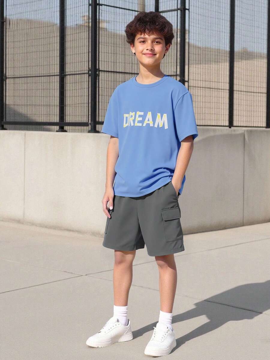 2pcs/Set Boys DREAM Letter Print Short Sleeve Crew Neck Knit T-Shirt & Pocket Cargo Shorts, Spring/Summer Set, Suitable For Summer Outdoor Outings, Comfortable Fabric, Fashionable Fit, New Spring/Summer Style, Suitable For Multiple Seasons And Occasions - Multicolor - View 1