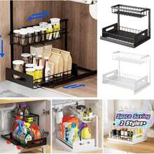 Estante deslizante de almacenamiento debajo del fregadero de doble capa, estante organizador multifuncional debajo del fregadero adecuado para cocina y baño, diseño expandible y ahorro de espacio, fácil de limpiar, aplicable a baño/cocina/lavandería, hogar ordenado, color: negro - Multicolor - Ver 1