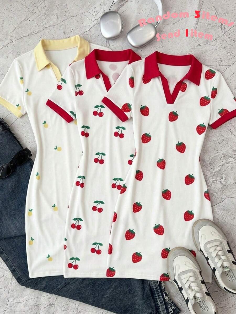 SHEIN 少女休闲校园风 Polo 领蓝白条纹修身连衣裙 - 彩色 - 查看 1