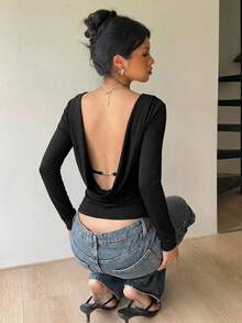 Siren Gaze T-shirt da donna a maniche lunghe con pieghe, colore unito, versatile e alla moda per uso quotidiano - nero - Visualizzare 5