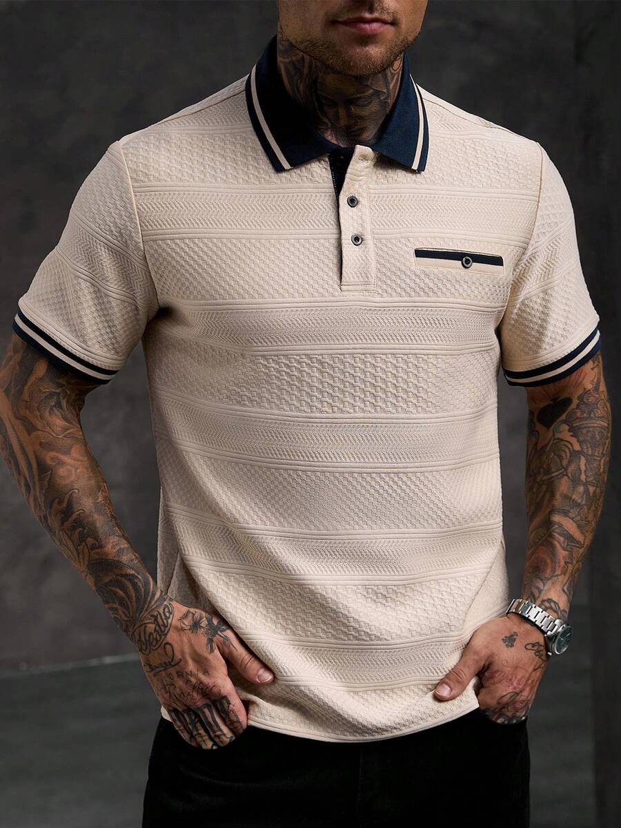 Manfinity CasualCool Men's Colorblock Casual Versatile Daily Business Work Outing Short Sleeve Polo Shirt Cream Summer Old Money,Daily Leisure,Gift Party Vacation Holiday - Khaki - View 1