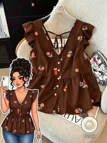SHEIN LUNE CURVE Kemeja Chiffon Berkerudung Motif untuk Wanita Ukuran Plus, Gaya Liburan Kasual dengan Bukaan Depan, Pilihan Serbaguna untuk Musim Semi, Gugur, dan Musim Panas - Coffee Brown - View 1