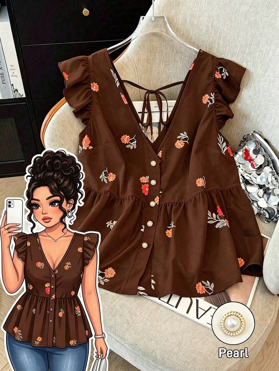 SHEIN LUNE CURVE Kemeja Chiffon Berkerudung Motif untuk Wanita Ukuran Plus, Gaya Liburan Kasual dengan Bukaan Depan, Pilihan Serbaguna untuk Musim Semi, Gugur, dan Musim Panas - Coffee Brown - View 1