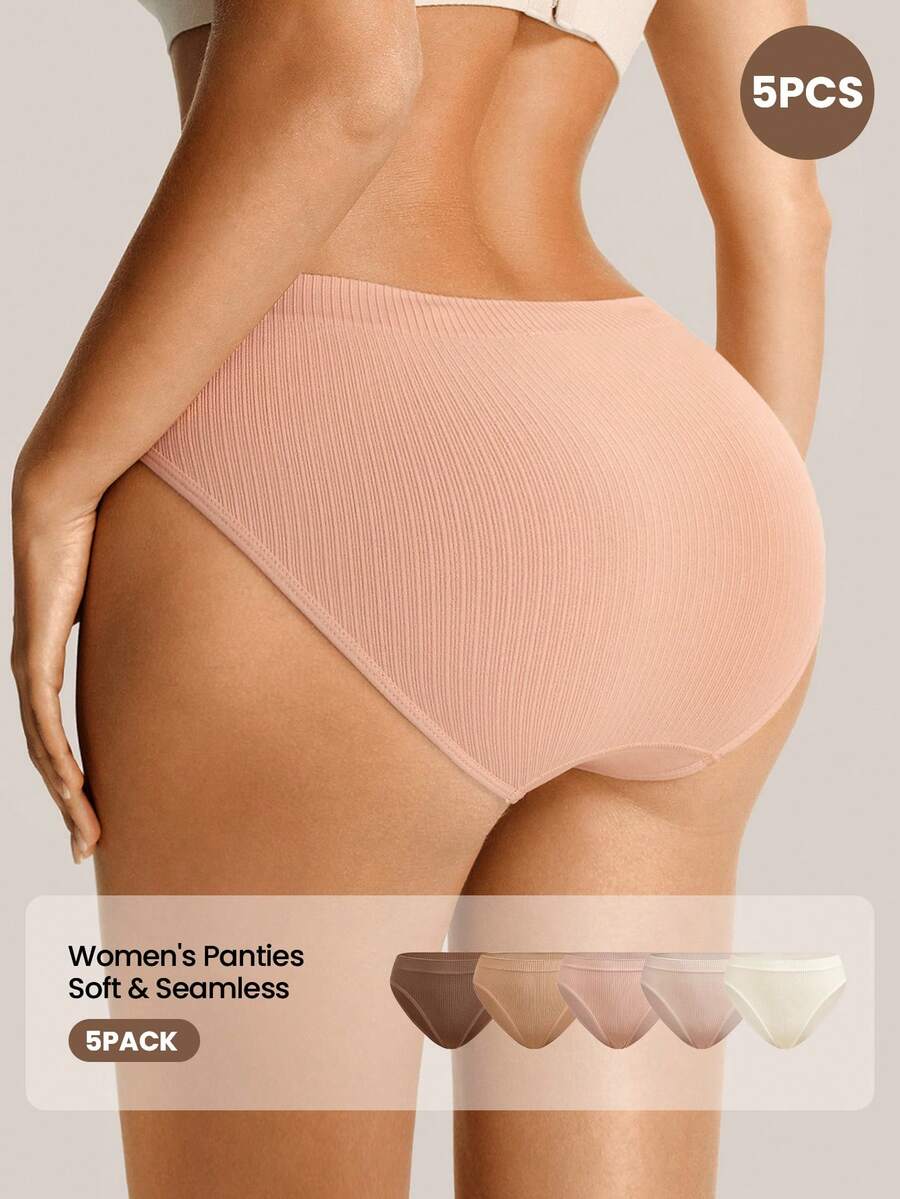 Barelissa 5件組女款美拉德系列素色極簡中腰螺紋面料無縫內褲,高彈力休閒舒適日常穿著隱形內衣 - 彩色 - 查看 1