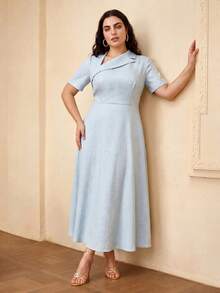 ZEYLAH Asymmetric Oblique Collar Short Sleeve Ruched Waist Dress - Sky Blue - View 4