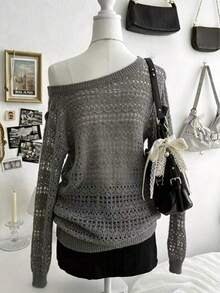 Lalippa Women's Solid Color Asymmetrical Shoulder Long Sleeve Hollow Out Loose Sweater - Grey - View 2