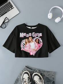 Mean Girls | SHEIN Women's Round Neck Letter & Character Print Casual Versatile Daily Travel T-Shirt - Black - View 1