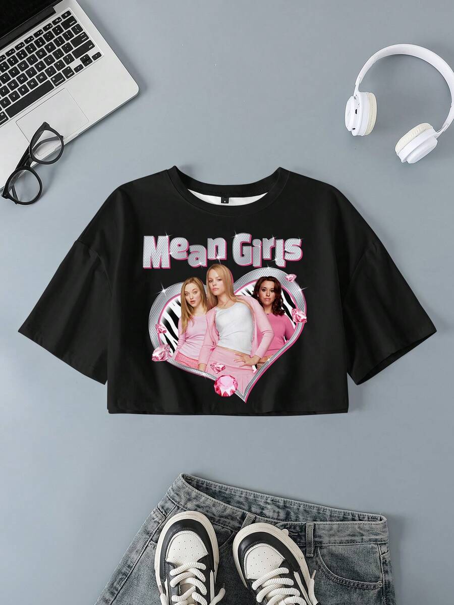 Mean Girls | SHEIN Women's Round Neck Letter & Character Print Casual Versatile Daily Travel T-Shirt - Black - View 1