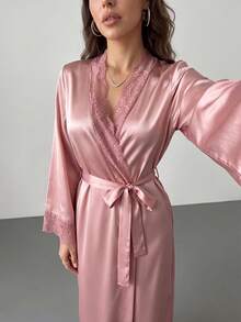 Rafferiza 优雅蕾丝拼接长款女士睡袍，奢华家居服，舒适优雅细节，秋冬必备 - 藕粉色 - 查看 4