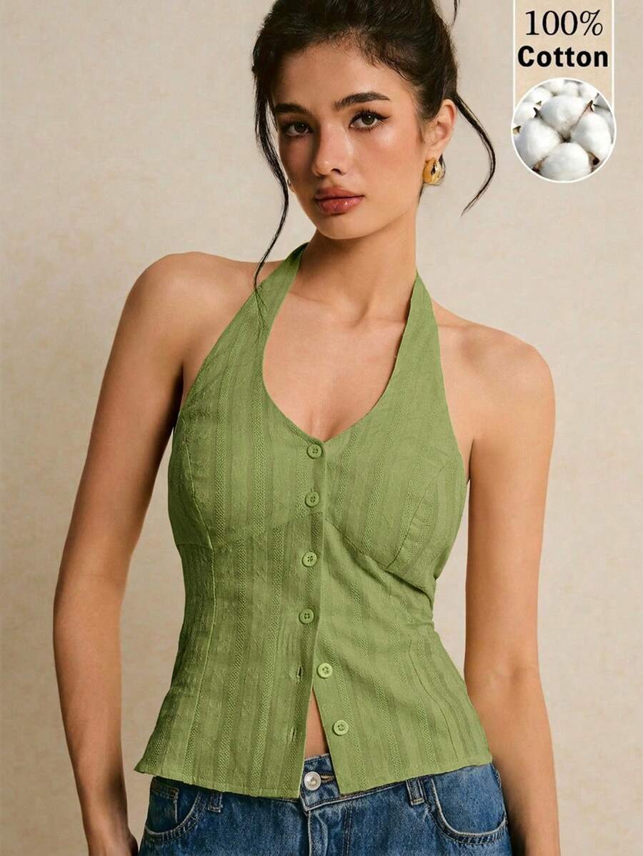 Poéselle Women's Solid Color Single-Breasted Casual Halter Neck Top - Green - View 1