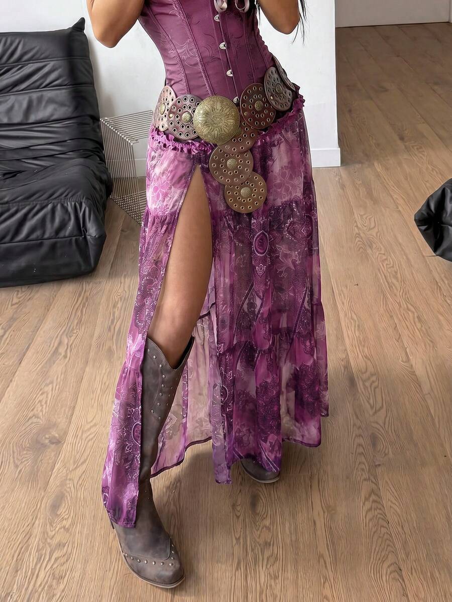 Coolane 女款性感海灘波西米亞度假風紮染碎花高衩開衩裙 - 紫色 - 查看 1