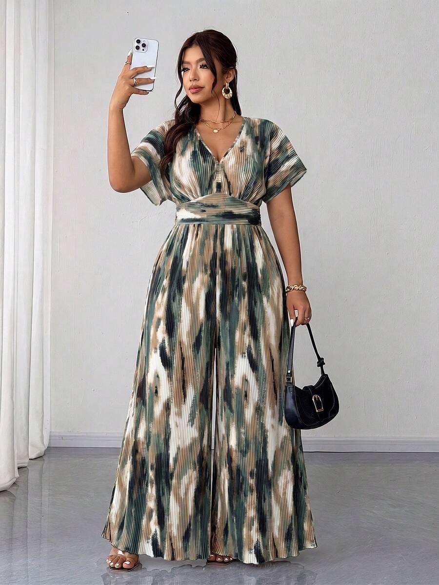 Elenzga Plus Size Ink Wash Sunset Glow Emerald Green Effect Pattern Pleated Textured Fabric V-Neck Dolman Sleeve Long Pants Women's Jumpsuit Summer Elegant - Green - View 1