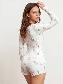 Elorette Women's Long Sleeve Tulip Pattern Jacquard Knit Romper Pajamas, For Fall, Winter - White - View 2