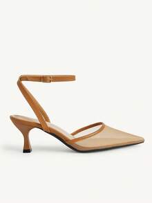 CUCCOO CHICEST Nude Mesh Pointed Kitten Heel Sandals, Buckle Commuter Dating Breathable Low Vamp High Heels - Brown - View 7