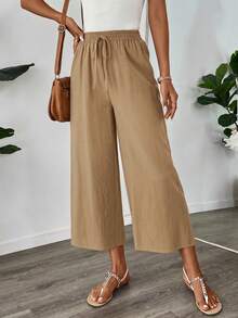 SHEIN PETITE CURVE Plus Size Solid Color Casual Versatile Long Pants For Vacation - Khaki - View 6