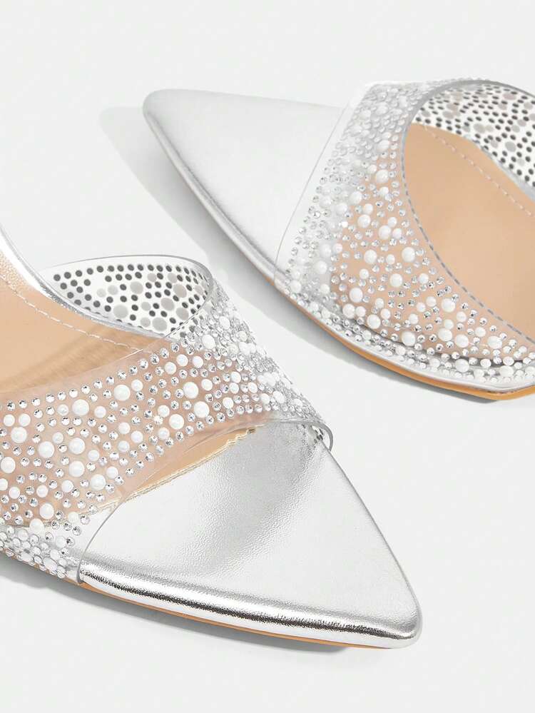 CUCCOO TILAWA Women's Fashion, Women's High-Heeled Sandals, Silver, Pearl Rhinestones, Clear TPU Material, Pointed, Commuting, Comfort, Indoor, Office, Street, Party, Travel, Vacation, Spring And Summer, Suitable For Dresses, Jeans, Shorts, Stiletto Slippers
