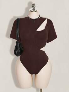 SHEIN ICON 女款大尺碼解構純色鏤空設計短袖連身衣 - 棕色 - 查看 3