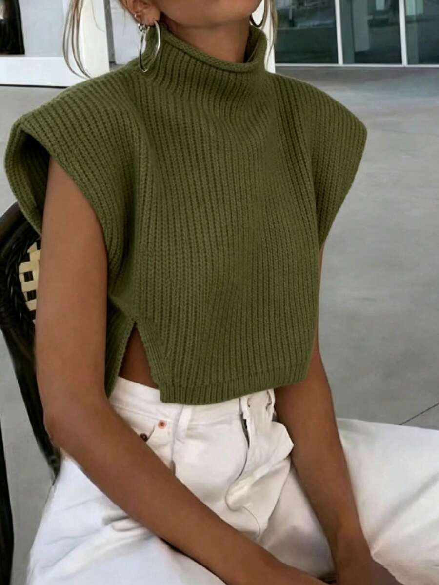 EMERY ROSE Women's Solid Color Stand Collar Casual Versatile Daily Knit Top - Army Green - View 1