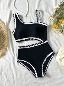 SHEIN Tween Girl Vacation Beach Floral Trim Waist Cutout One-Piece Swimsuit - Black and White - View 1