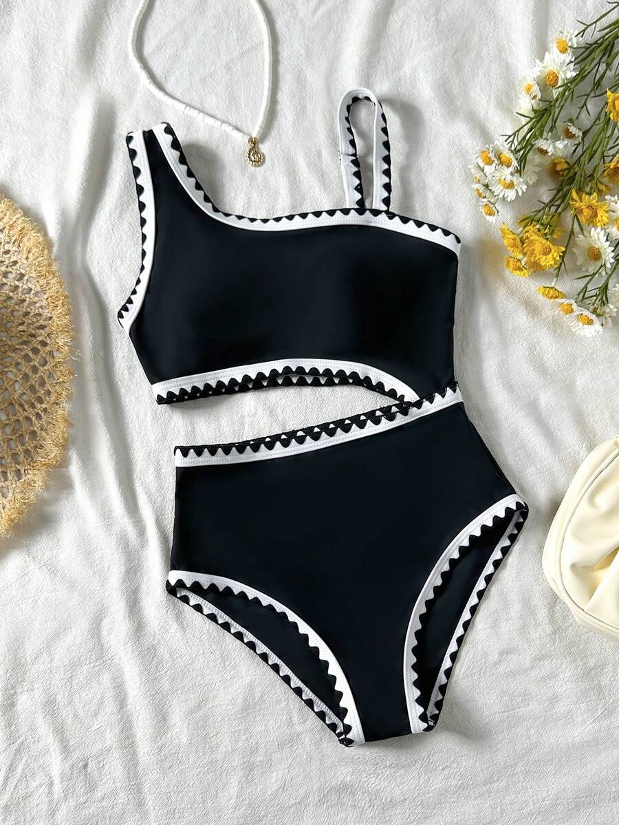 SHEIN Tween Girl Vacation Beach Floral Trim Waist Cutout One-Piece Swimsuit - Black and White - View 1