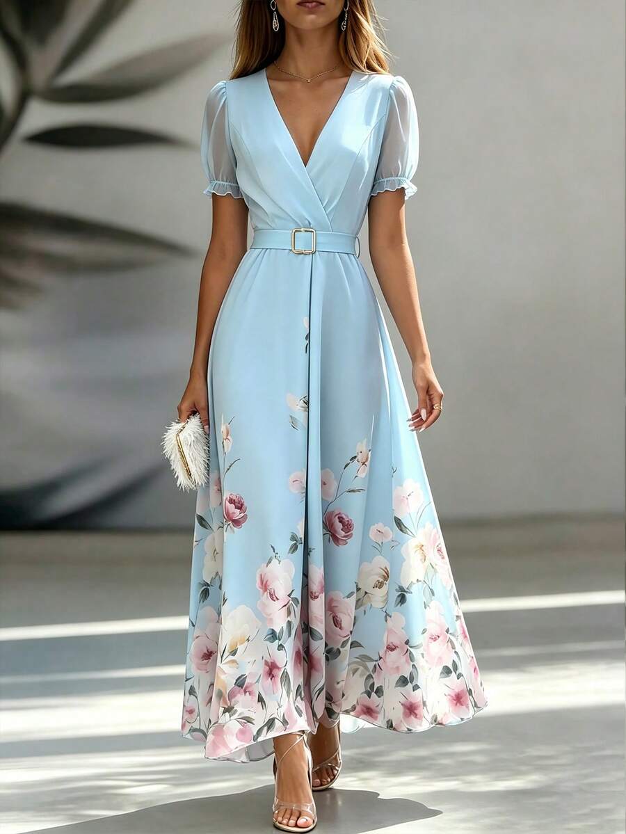 SHEIN Franclia 法式优雅V领连衣裙、女士长裙、女士泡泡袖雪纺迷你连衣裙、女士浪漫长裙、女士浅蓝色连衣裙、女士印花连衣裙、女士夏季度假连衣裙、女士优雅连衣裙、女士收腰喇叭裙 - 淺藍色 - 查看 1