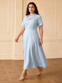 ZEYLAH Asymmetric Oblique Collar Short Sleeve Ruched Waist Dress - Sky Blue - View 2