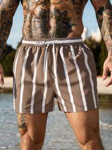 Manfinity KASUA Men's Drawstring Waist Striped Colorblock Casual Vacation Beach Shorts, Holiday - Khaki - View 3