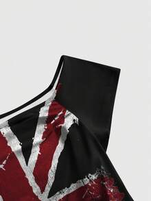 ROMWE Flag Sexy Hot Girl Dark Asymmetric Shoulder Music Festival Women's T-Shirt - Black - View 3