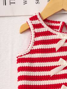 Souflis Souflis Young Girl Striped Textured Fabric Contrast Color 3D Bow Decor Round Neck Tank Top And Casual Shorts Set For Daily Outings - Red - View 8