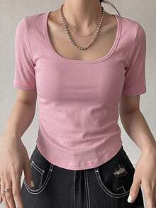 DAZY 女款純色百褶修身百搭日常休閒短袖T恤 夏季 - 粉色 - 查看 3