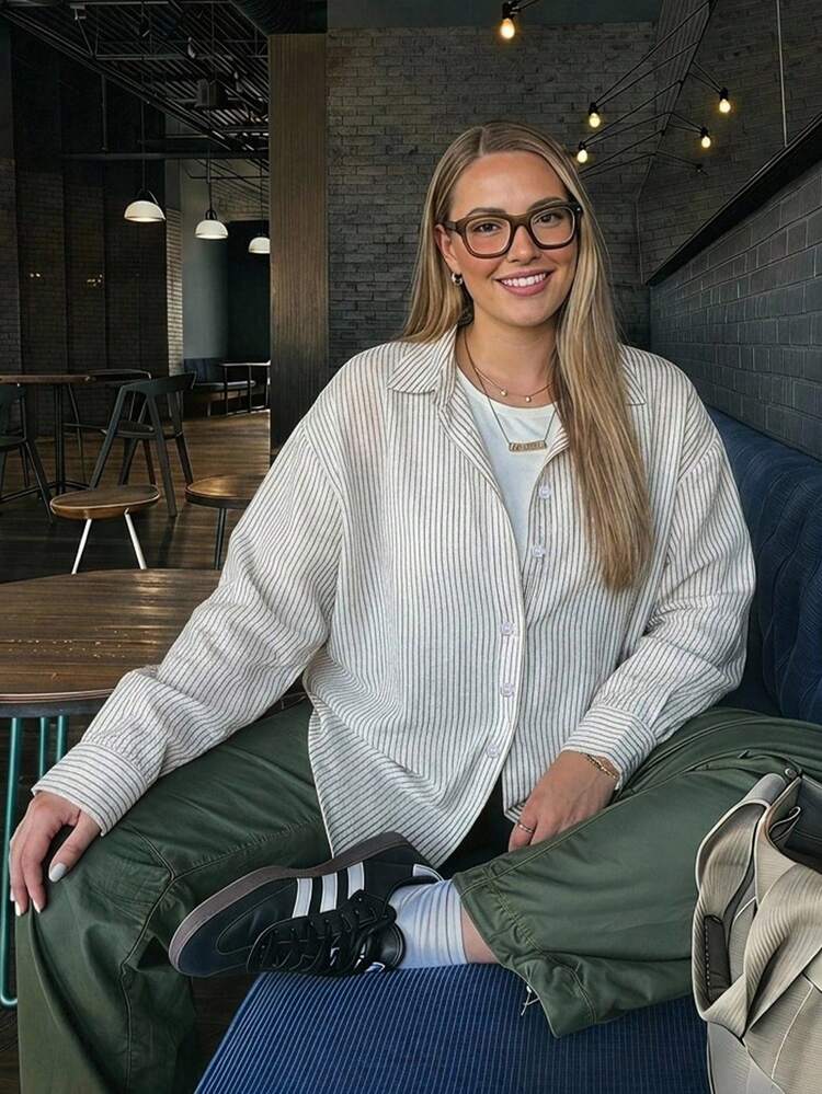 Dazy Plus Loose Turndown Collar Striped Casual Plus Size Long Sleeve White Shirt
