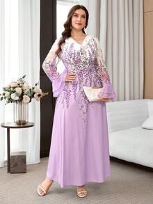 Reflora Robe élégante à col en V et manches cloche avec imprimé floral pour femmes grandes tailles - Multicolore - Voir 8