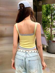 DAZY Top d'été 2 en 1 pour femme, patchwork plissé ajusté, polyvalent pour le quotidien et les sorties, style mignon - Jaune citron - Voir 5