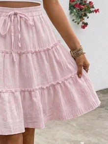 SHEIN LUNE تنورة نسائية بيضاء من قماش منسوج بتصميم طبقات وكشكشة عند الحافة، كاجوال للعطلات في الربيع والصيف - وردي - مشاهدة 3